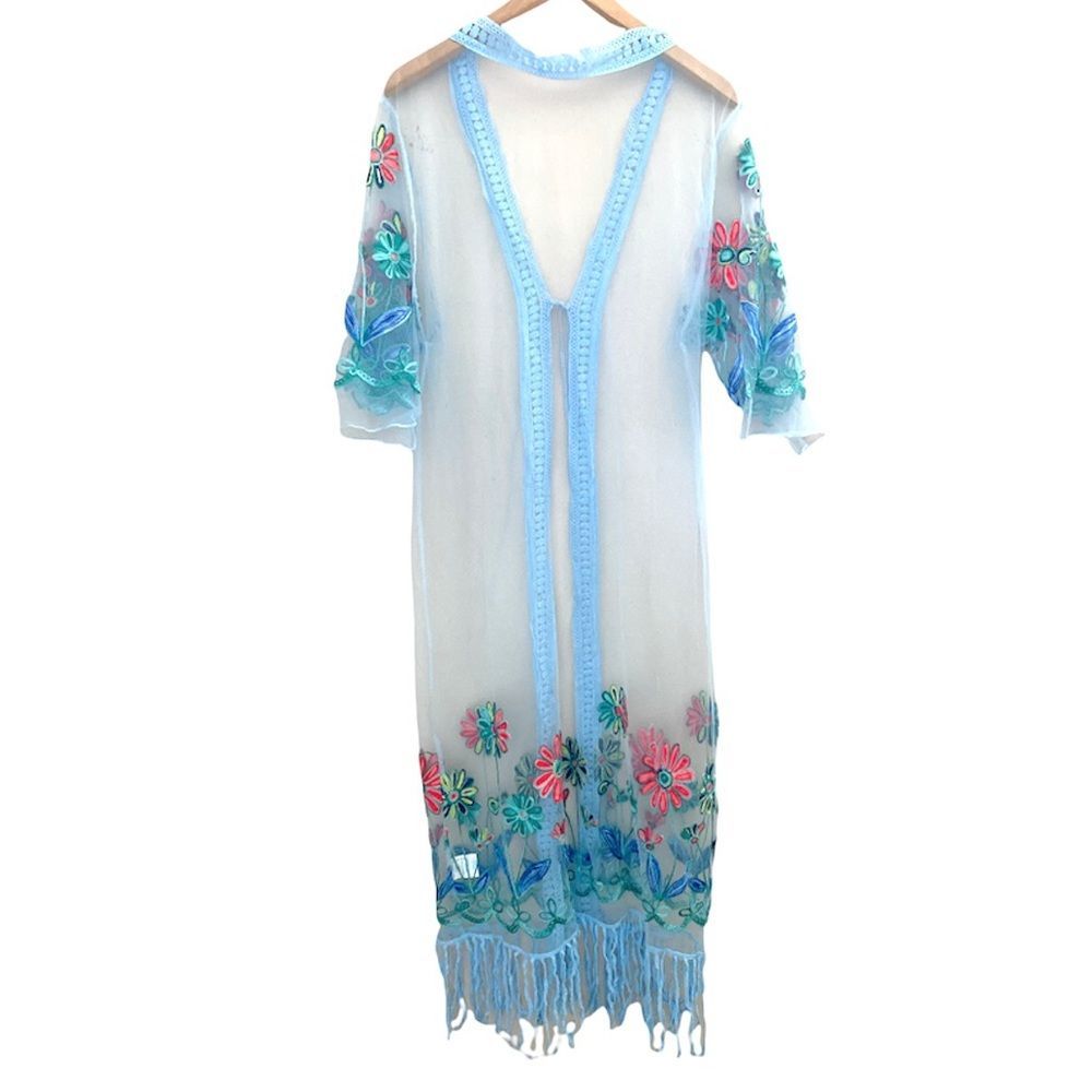 ☀️SALE☀️ Vintage Blue Sheer Mesh Embroidered Fringe Long Kimono Size: Small